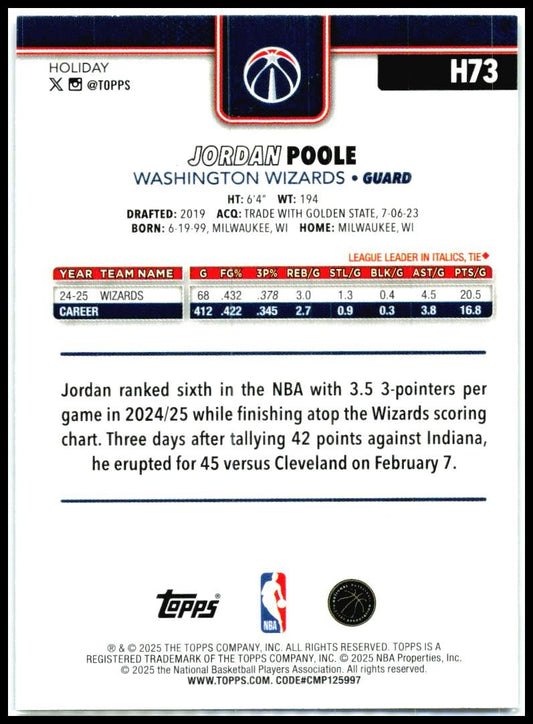 2025-26 Topps Holiday Glitter Holiday #H73 Jordan Poole Washington Wizards