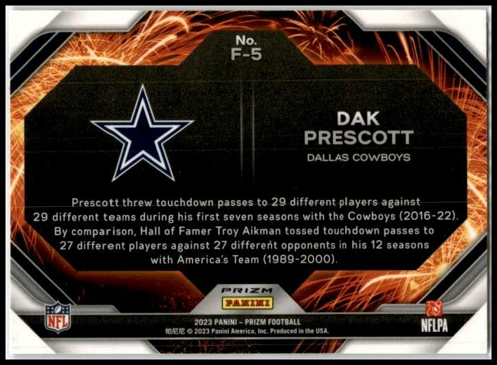 2023 Panini Prizm Fireworks Prizms Green Ice #F-5 Dak Prescott Dallas Cowboys