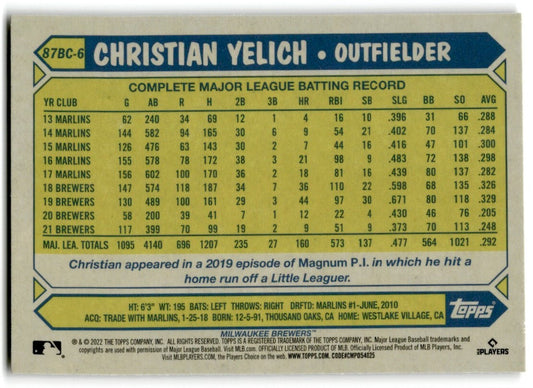 2022 Topps Chrome 1987 Baseball Christian Yelich Milwaukee Brewers #87BC-6