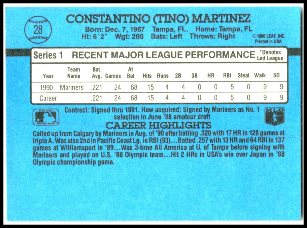1991 Donruss #28b Tino Martinez Seattle Mariners
