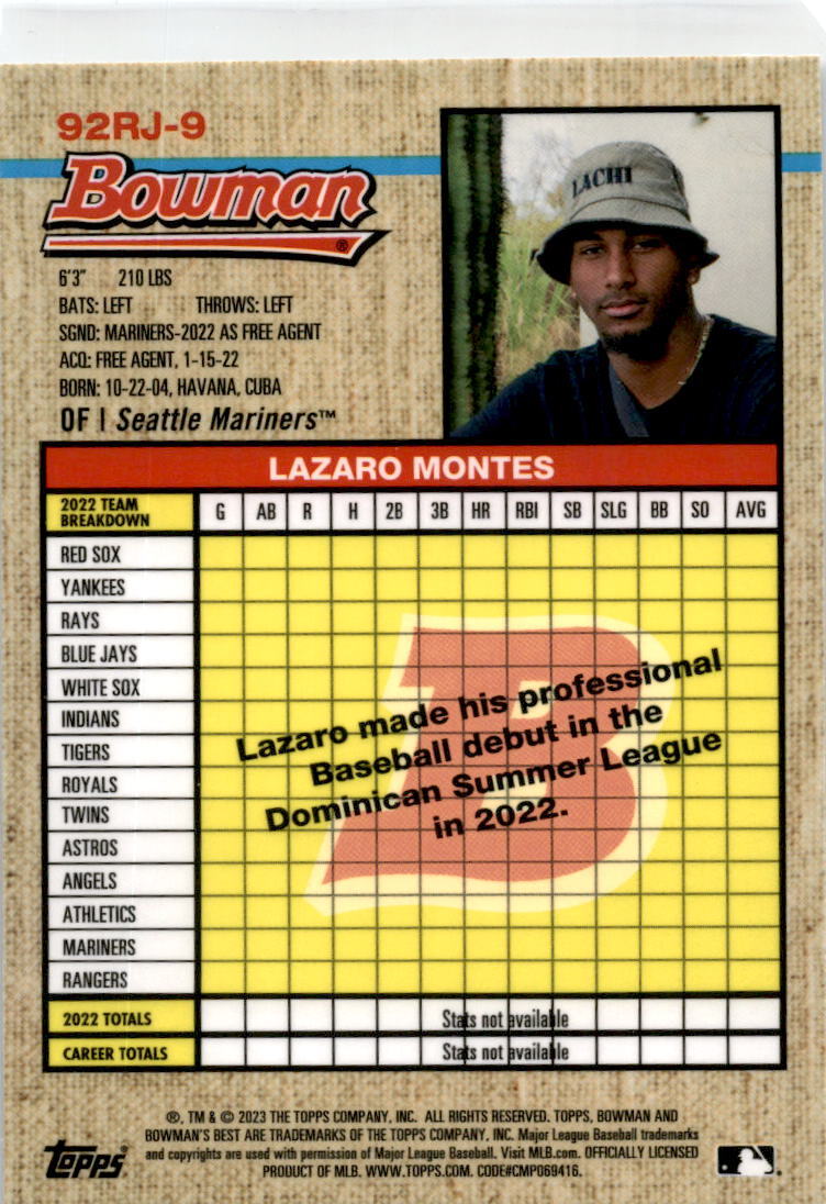 2023 Bowman's Best 1992 Bowman by Randy Johnson #92RJ-9 Lazaro Montes Seattle