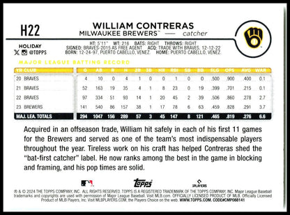 2024 Topps Holiday #H22 William Contreras Milwaukee Brewers
