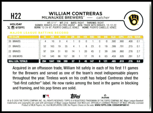 2024 Topps Holiday #H22 William Contreras Milwaukee Brewers
