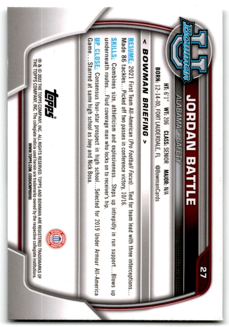 2022 Bowman University Chrome Jordan Battle Rookie Alabama Crimson Tide #27