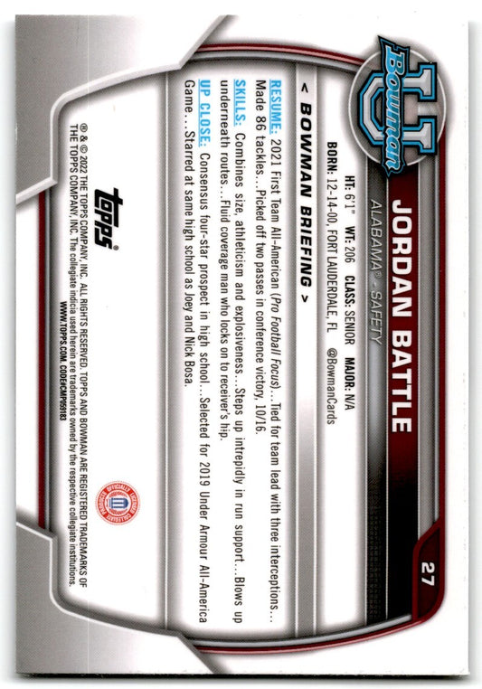 2022 Bowman University Chrome Jordan Battle Rookie Alabama Crimson Tide #27