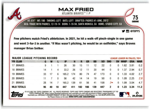 2022 Topps Chrome Prism Refractor Max Fried Atlanta Braves #75