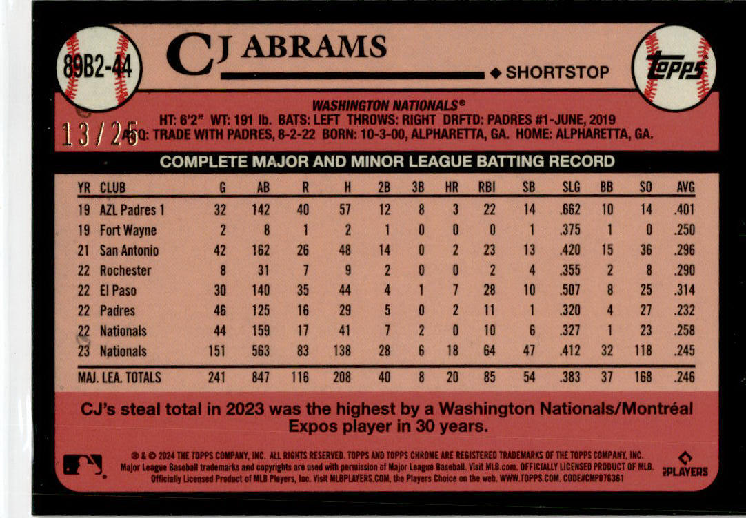 2024 Topps Orange foil /25 #89B2-44 CJ Abrams Washington Nationals