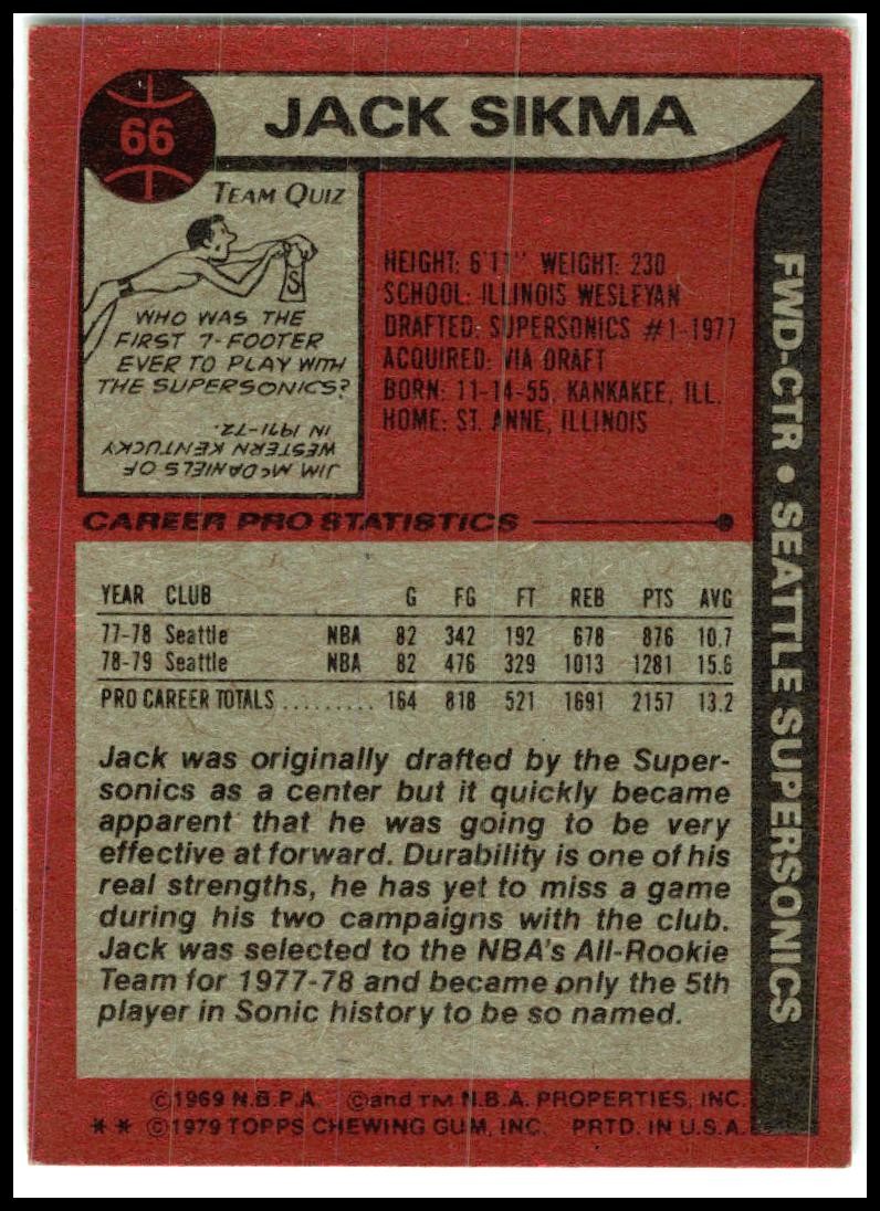 1979-80 Topps #66 Jack Sikma Seattle SuperSonics