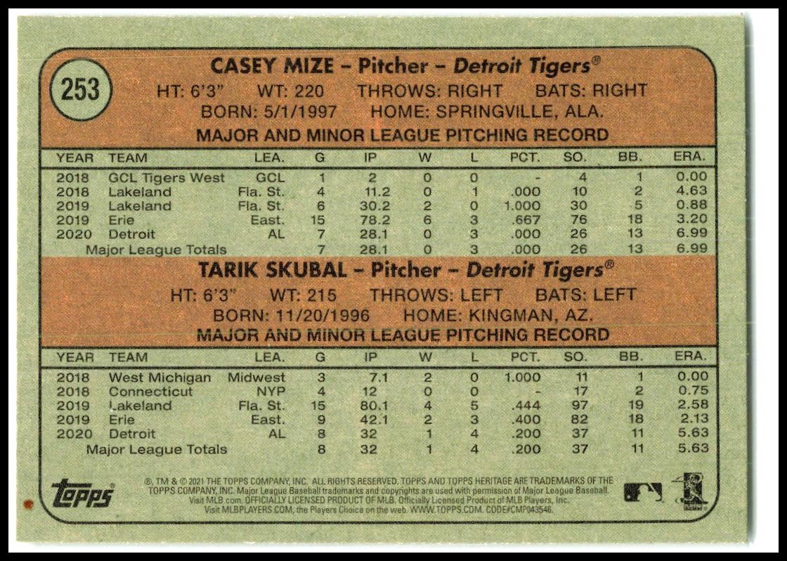 2021 Topps Heritage #253 2021 Rookie Stars – Tigers – Mize / Skubal Rookie