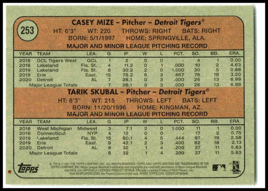 2021 Topps Heritage #253 2021 Rookie Stars – Tigers – Mize / Skubal Rookie