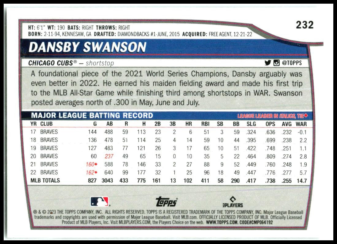 2023 Topps Big League Rainbow Foil #232 Dansby Swanson Chicago Cubs