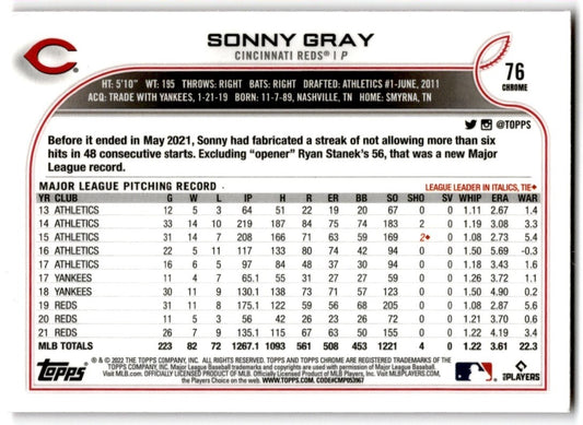 2022 Topps Chrome Pink Refractor Sonny Gray Cincinnati Reds #76