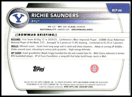2025-26 Bowman Chrome Prospects #BCP-66 Richie Saunders BYU Cougars