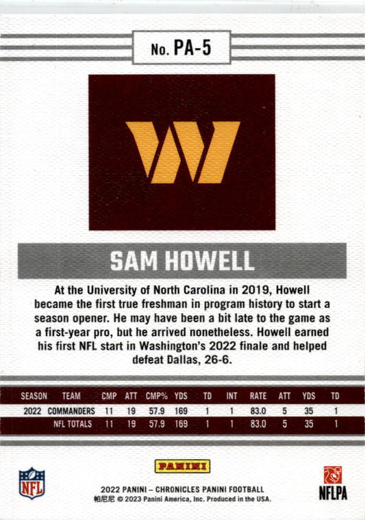 2022 Panini Chronicles #PA-5 Sam Howell RC Washington Commanders