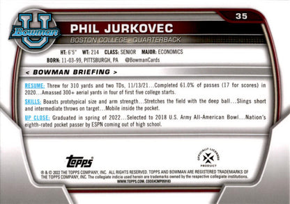2022 Bowman Chrome University #35 Phil Jurkovec Boston College Eagles