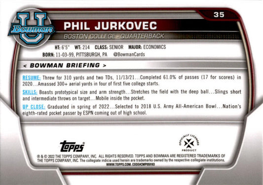 2022 Bowman Chrome University #35 Phil Jurkovec Boston College Eagles