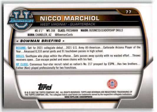 2022 Bowman University Chrome Nicco Marchiol West Virginia Mountaineers #77