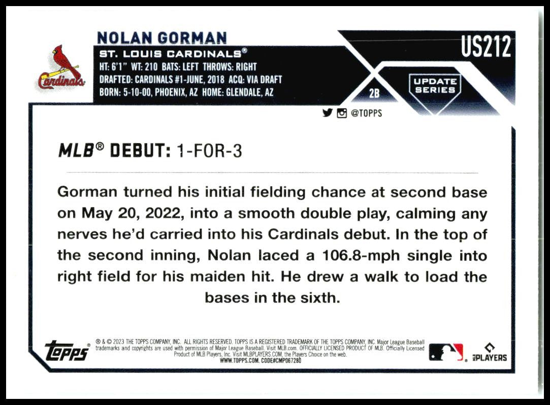 2023 Topps Update #US212 Nolan Gorman St. Louis Cardinals