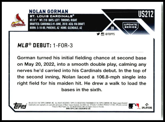 2023 Topps Update #US212 Nolan Gorman St. Louis Cardinals