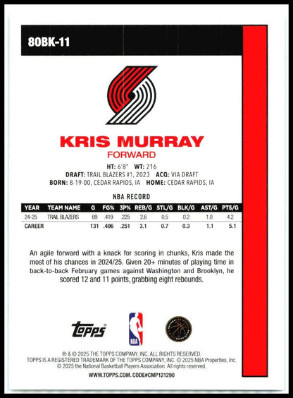 2025-26 Topps 1980-81 Topps Basketball #80BK-11 Kris Murray Trail Blazers