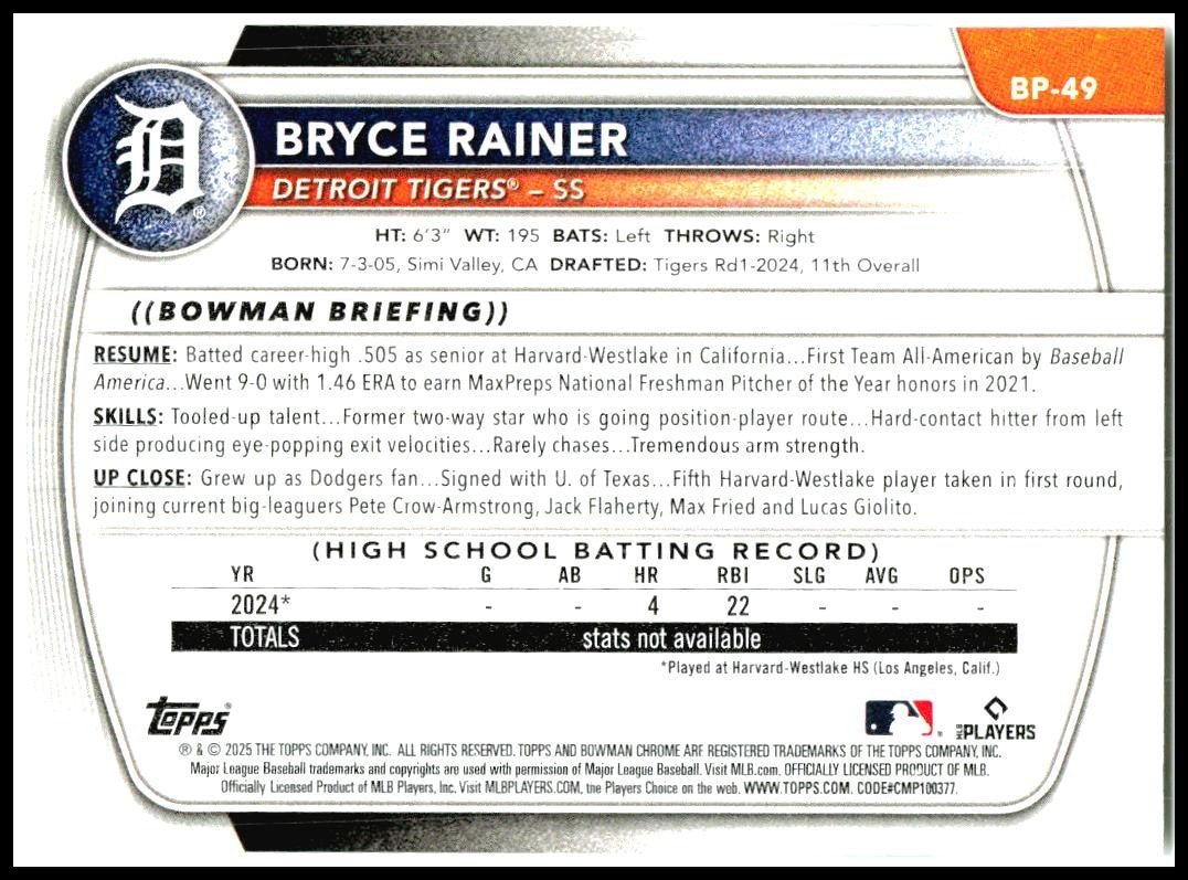 2025 Bowman Prospects #BP-49 Bryce Rainer Detroit Tigers