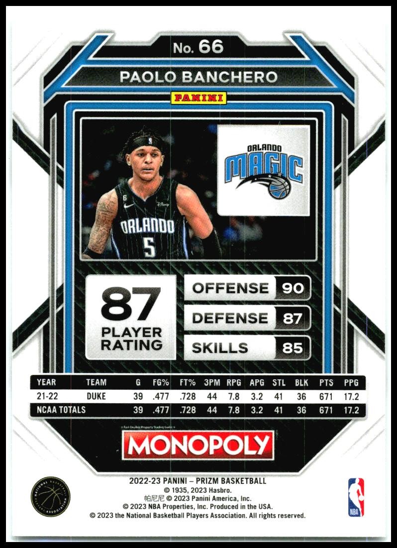 2022-23 Panini Prizm Monopoly #66 Paolo Banchero Orlando Magic