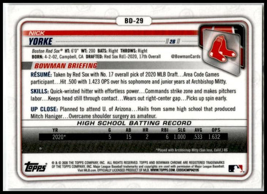 2020 Bowman Draft Chrome #BD-29 Nick Yorke Boston Red Sox