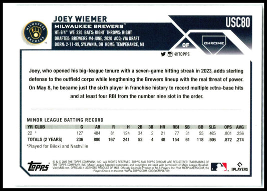 2023 Topps Chrome Update #USC80 Joey Wiemer Rookie Milwaukee Brewers