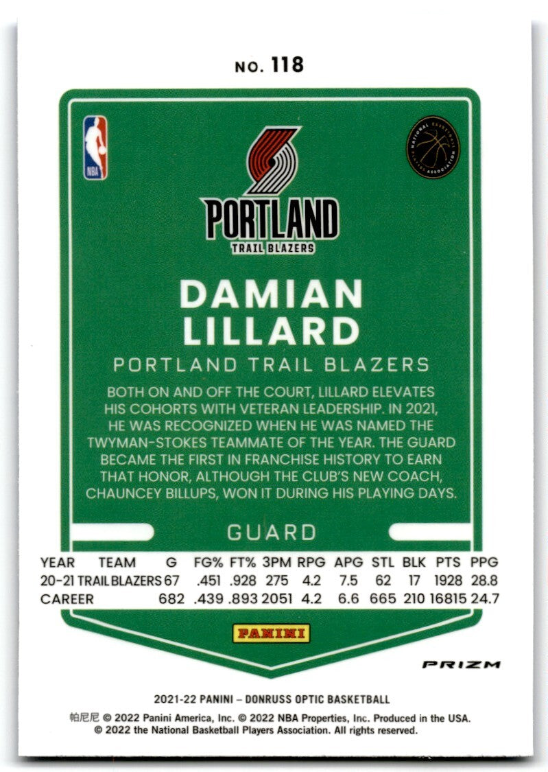 2021-22 Donruss Optic  Blue Velocity Damian Lillard Portland Trail Blazers #118
