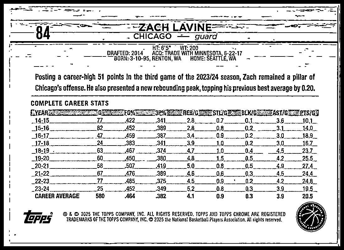 2024-25 Topps Chrome Pink Refractor #84 Zach Lavine Chicago Bulls