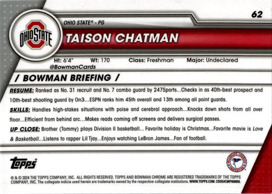 2023-24 Bowman University Chrome #62 Taison Chatman Ohio State Buckeyes