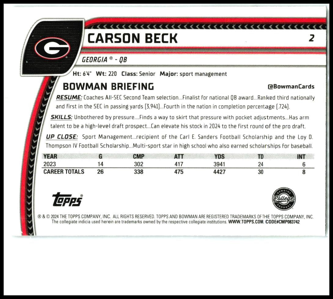 2024 Bowman University Chrome #2 Carson Beck Georgia Bulldogs