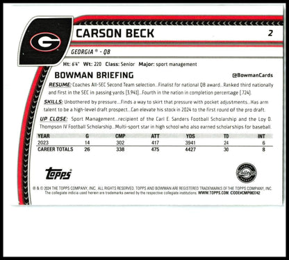 2024 Bowman University Chrome #2 Carson Beck Georgia Bulldogs