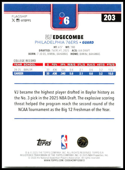 2025-26 Topps #203 VJ Edgecombe Rookie Philadelphia 76ers