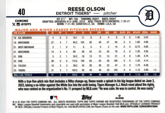 2024 Topps Chrome Pink Refractors #40 Reese Olson Rookie Detroit Tigers