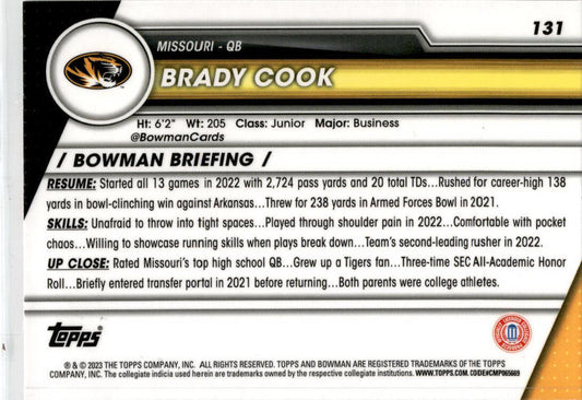 2023 Bowman University Chrome Pink Refractor #131 Brady Cook Missouri Tigers
