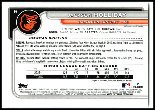 2024 Bowman Chrome #26 Jackson Holliday Baltimore Orioles
