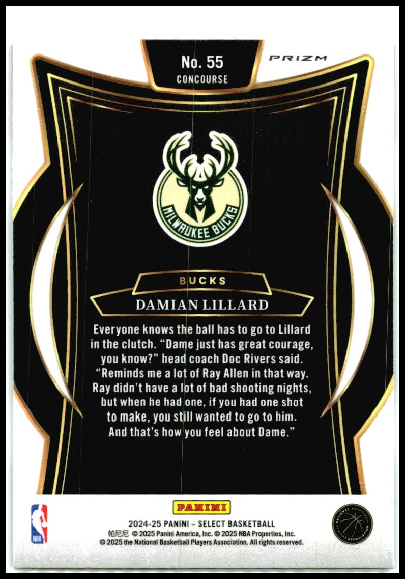 2024-25 Panini Select Tri-Color Prizm #55 Damian Lillard Milwaukee Bucks