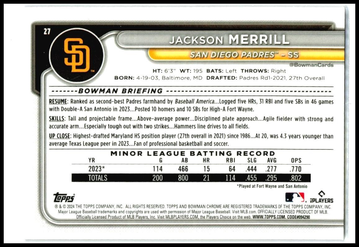 2024 Bowman Chrome Purple Mojo Refractors #27 Jackson Merrill Rookie Padres