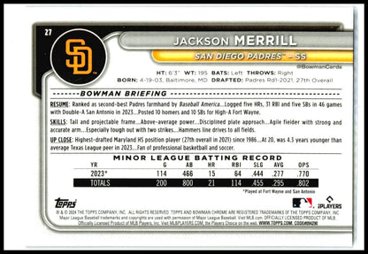 2024 Bowman Chrome Purple Mojo Refractors #27 Jackson Merrill Rookie Padres