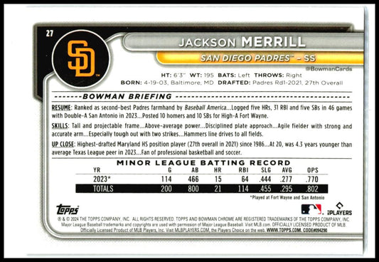 2024 Bowman Chrome Purple Mojo Refractors #27 Jackson Merrill Rookie Padres