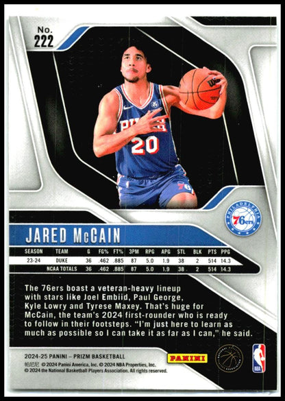 2024-25 Panini Prizm #222 Jared McCain Rookie Philadelphia 76ers