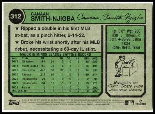 2023 Topps Heritage #312 Canaan Smith-Njigba Rookie Pittsburgh Pirates