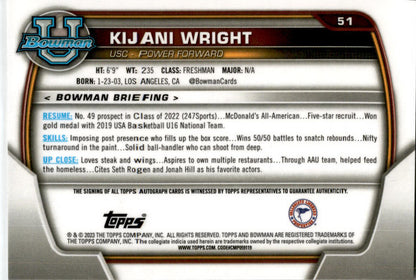 2022-23 Bowman University Chrome Prospect Auto #51 Kijani Wright Auto Trojans