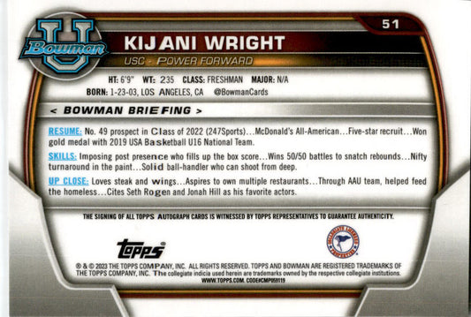 2022-23 Bowman University Chrome Prospect Auto #51 Kijani Wright Auto Trojans