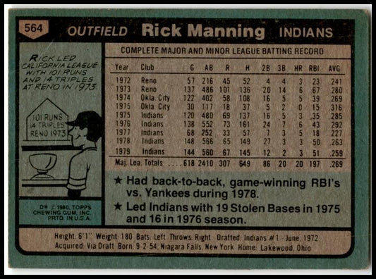 1980 Topps #564 Rick Manning Cleveland Indians