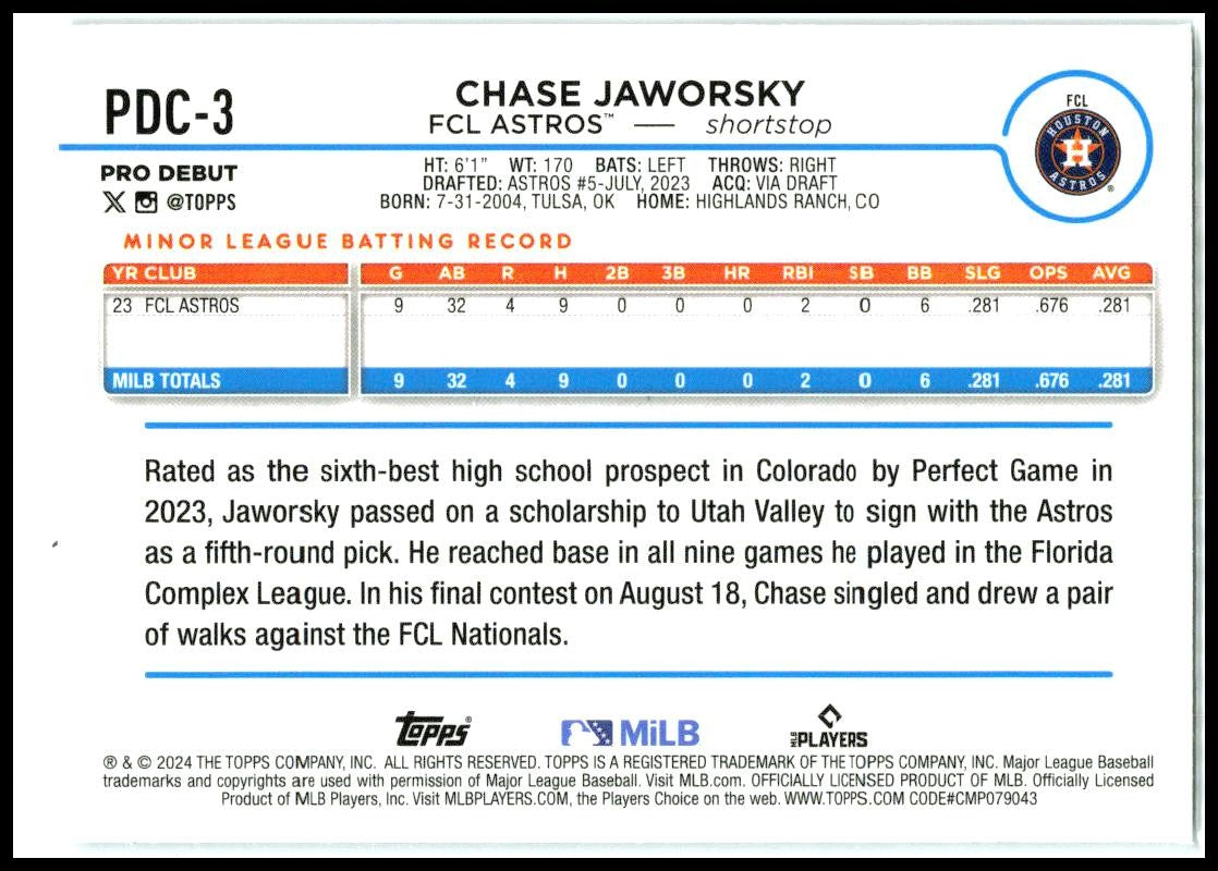 2024 Topps Pro Debut Chrome #PDC-3 Chase Jaworsky FCL Astros