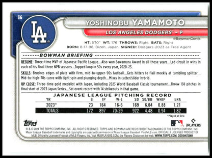 2024 Bowman #36 Yoshinobu Yamamoto Rookie Los Angeles Dodgers