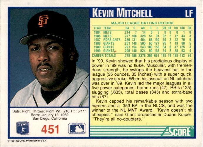 1991 Score #451 Kevin Mitchell San Francisco Giants