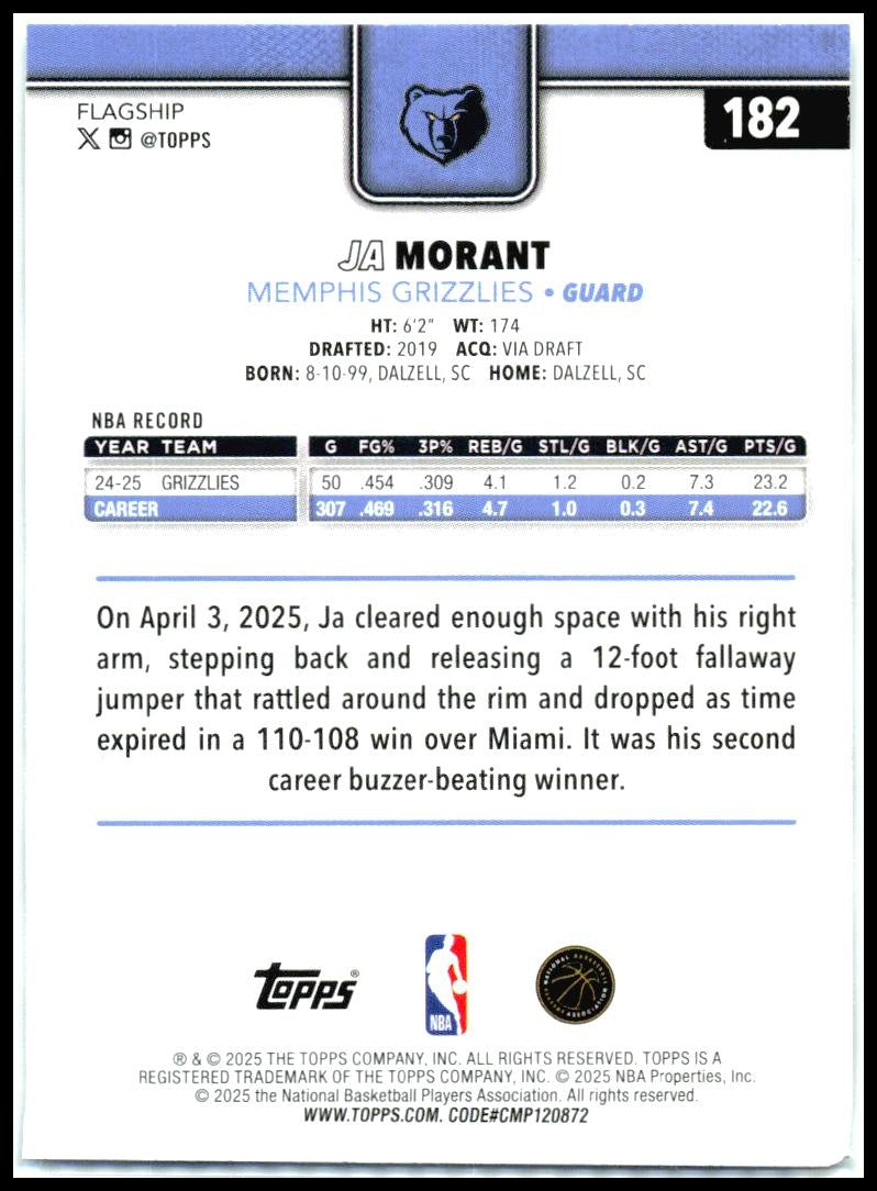 2025-26 Topps Season Tip Off #182 Ja Morant Memphis Grizzlies